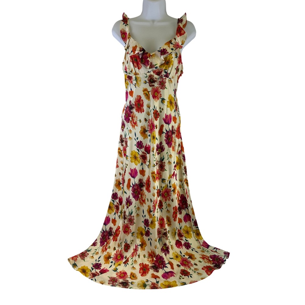 ASTR The Label Zoie Maxi Dress Ruffle V-Neck Sleeveless Cream Multi Floral Small